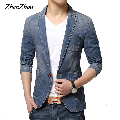 ZhenZhou 2019 Winter Mens Blazer Single Button Brand Denim Blazer Men M-XXL 3XL Jaqueta Masculina Slim Fit Blazer Male Suit