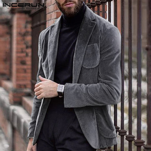 INCERUN Men Blazers Corduroy Long Sleeve Streetwear Plain 2019 Outerwear Fashion Business Chic Mens Blazer Casual Suits Jackets