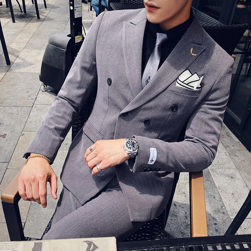 ( Jacket + Pants ) Fashion Stripe Men's Formal Business Double-breasted Suit Set / Mens Suits With Pants Men Suits For Wedding