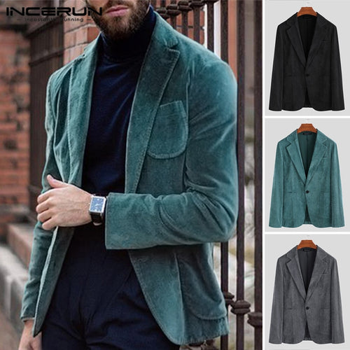 INCERUN Fashion Casual Men Blazers Corduroy Long Sleeve Solid Outerwear Coats Streetwear Business Blazer Suits Jackets Men 2019