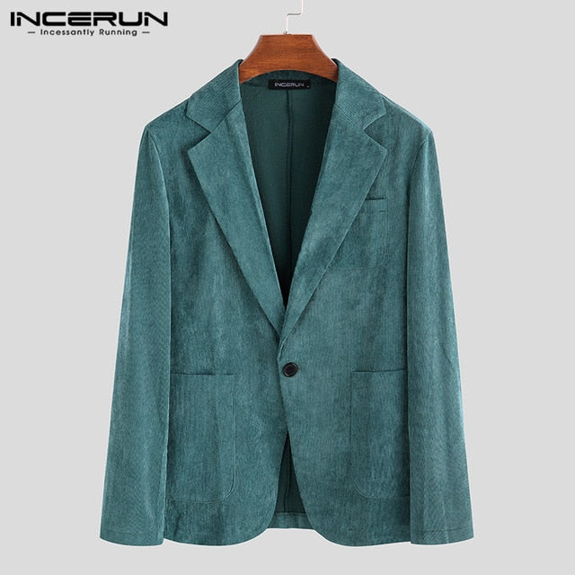 INCERUN Fashion Casual Men Blazers Corduroy Long Sleeve Solid Outerwear Coats Streetwear Business Blazer Suits Jackets Men 2019