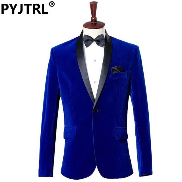 PYJTRL Mens Autumn Winter Classic Shawl Collar Royal Blue Velvet Wedding Groom Suit Jacket Leisure Blazer Masculino Slim Fit