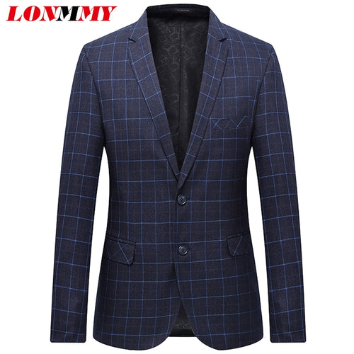 LONMMY Plus size 6XL 7XL Mens blazer jacket Double-button flip-over men suit jacket Plaid Slim fit Blue Navy New 2018 Spring